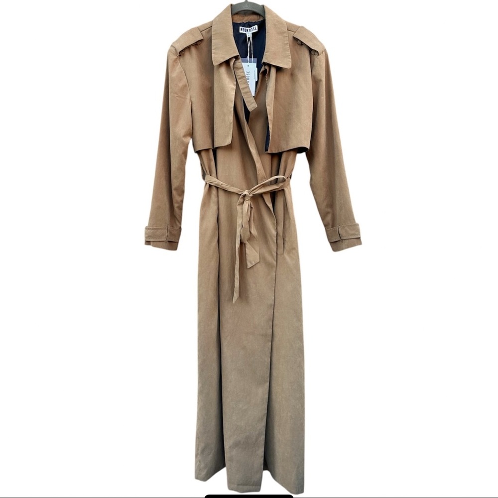 Neon Rose ASOS Camel Taupe Duster Trench Coat Belted Lightweight NWT Small - Picture 2 of 7